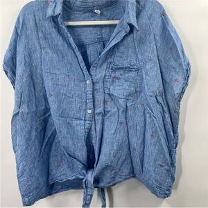 Old Navy XXL Womens Blue Flamingo Print Tie-Front Short Sleeve Button-Down Shirt
